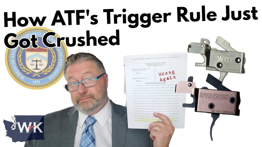 A man in a suit holds a document with "Wrong Again" written on it. The image features logos and firearm trigger components. The text reads, "How ATF's Trigger Rule Just Got Crushed.