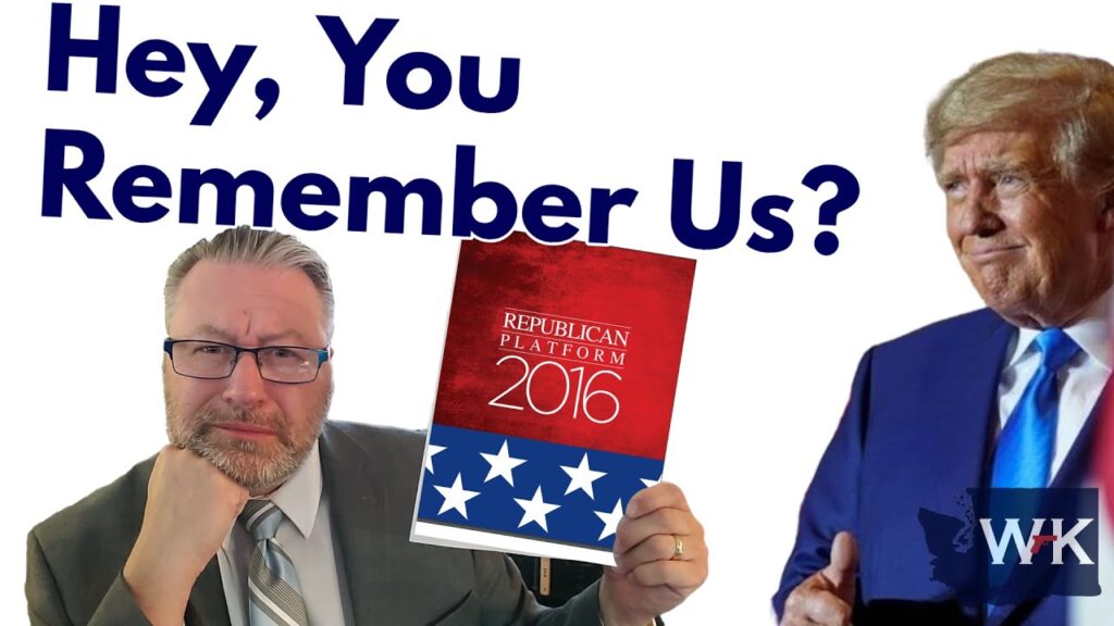 A man in a suit holds a booklet titled "Republican Platform 2016" with a text saying "Hey, You Remember Us?" in the background. A person in a suit stands to the right. The initials "WK" are visible at the bottom right.