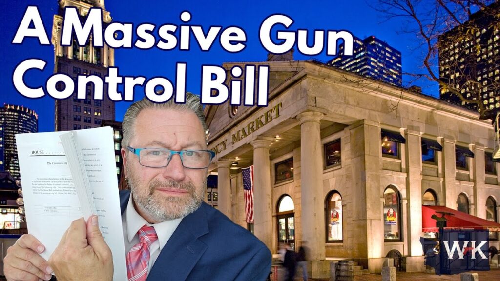 A man in a suit holds a document titled "A Massive Gun Control Bill" against a backdrop of a building illuminated at night. The scene suggests a focus on legislative action related to gun control.