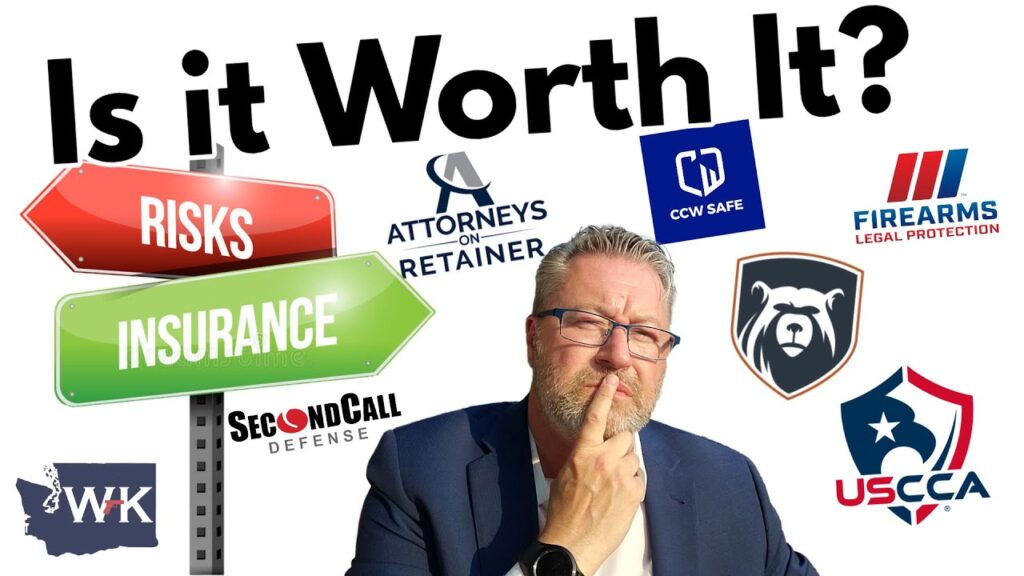 A man with a thoughtful expression stands in front of logos for various insurance and defense companies. Bold text reads "Is it Worth It?" with colorful signs labeled "Risks" and "Insurance.