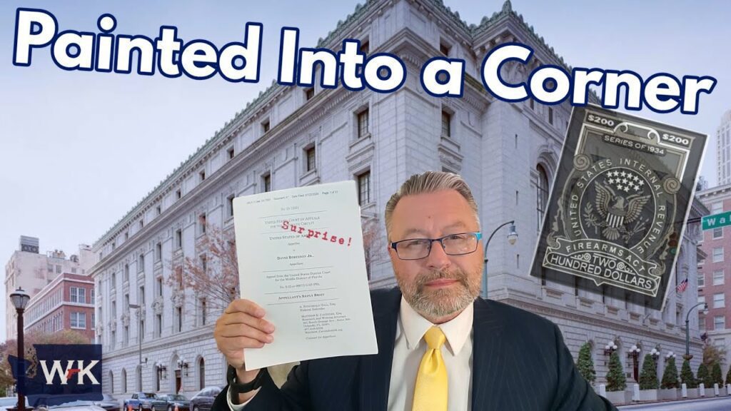 A man in a suit holds up a legal document labeled "Surprise!" in front of a large courthouse building. The text "Painted Into a Corner" is displayed at the top. A $200 stamp is shown beside him.