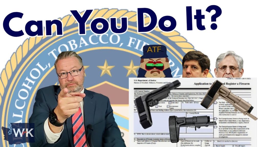 A man in a suit points towards the viewer. Behind him, the U.S. Alcohol, Tobacco, and Firearms logo is visible. Illustrated guns and forms are included, with text reading "Can You Do It?" Three individuals' heads are superimposed above the text.