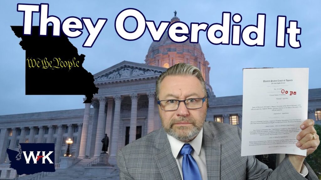 A man in a suit holds up a document in front of a governmental building. The text "They Overdid It" appears at the top, with an outline of Missouri and the phrase "We the People" on the left side.