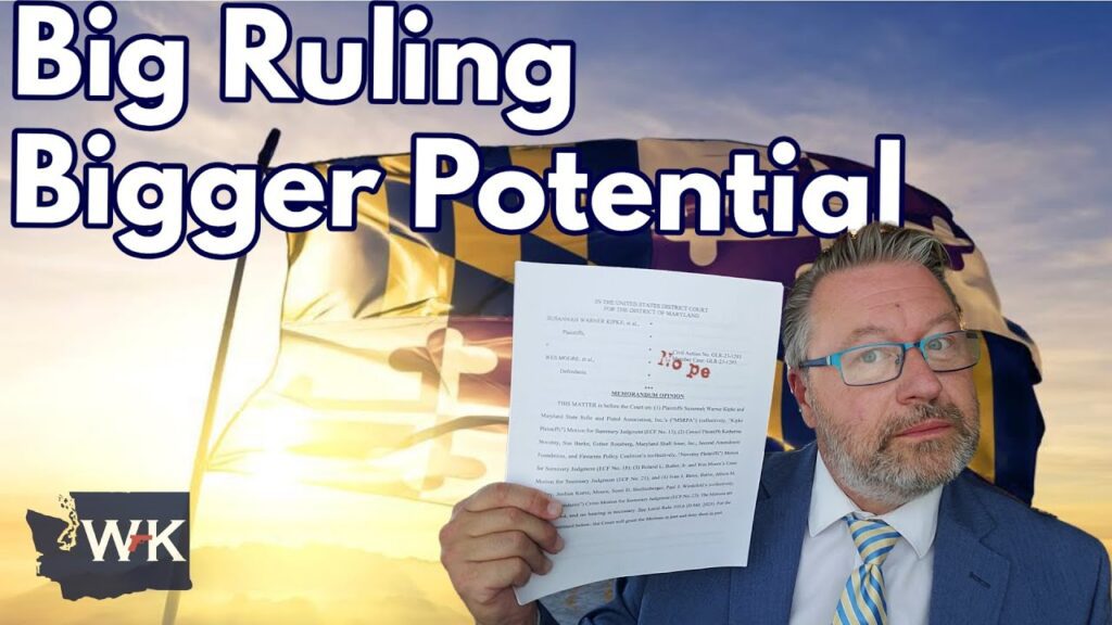 A man wearing glasses and a suit is holding a document, standing in front of a waving Maryland flag. The text reads, "Big Ruling Bigger Potential." The sun is setting in the background.