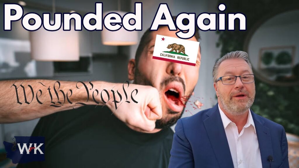 A man with a "We the People" tattoo punches another man whose face is covered by the California Republic flag. A third person in a suit is in the foreground. The text "Pounded Again" is at the top.