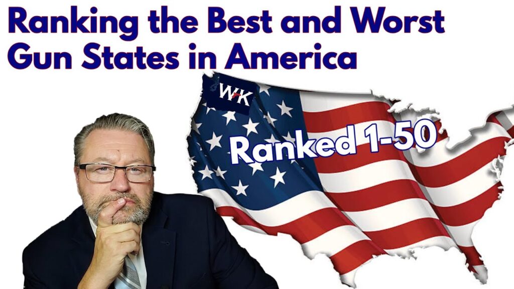 A man in a suit and glasses holds his chin thoughtfully. Text above reads "Ranking the Best and Worst Gun States in America." An American flag map is marked "Ranked 1-50.