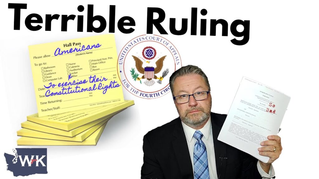 A person in a suit holds a document labeled "So Bad" next to a stack of hall passes labeled "Americana." The background features a Fourth Circuit court seal with the text "Terrible Ruling" above.