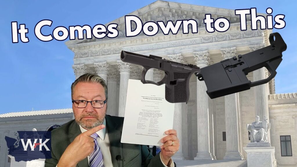 A person in a suit points to a legal document they're holding. Floating handgun parts are in the foreground. The background features a large, classical building with pillars. The text reads, "It Comes Down to This.