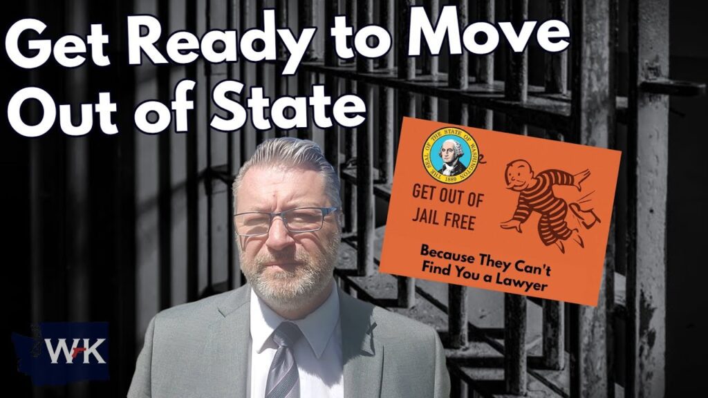 A man in a suit stands in front of jail bars. The text reads "Get Ready to Move Out of State." There's an illustration of a "Get Out of Jail Free" card, featuring a person in stripes, suggesting a legal theme.