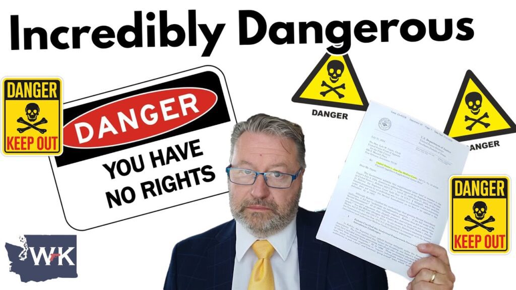 A man in a suit holds up a document, surrounded by warning signs that say "Danger: Keep Out" and "Danger: You Have No Rights." The text at the top reads "Incredibly Dangerous.