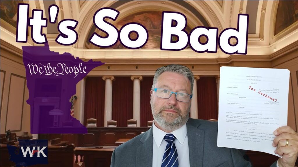 A man in a suit holds up a document labeled "Top Secret" in a courtroom setting. Beside him, there's an outline of Minnesota with the text "It's So Bad" above it. The background features an ornate courtroom interior.
