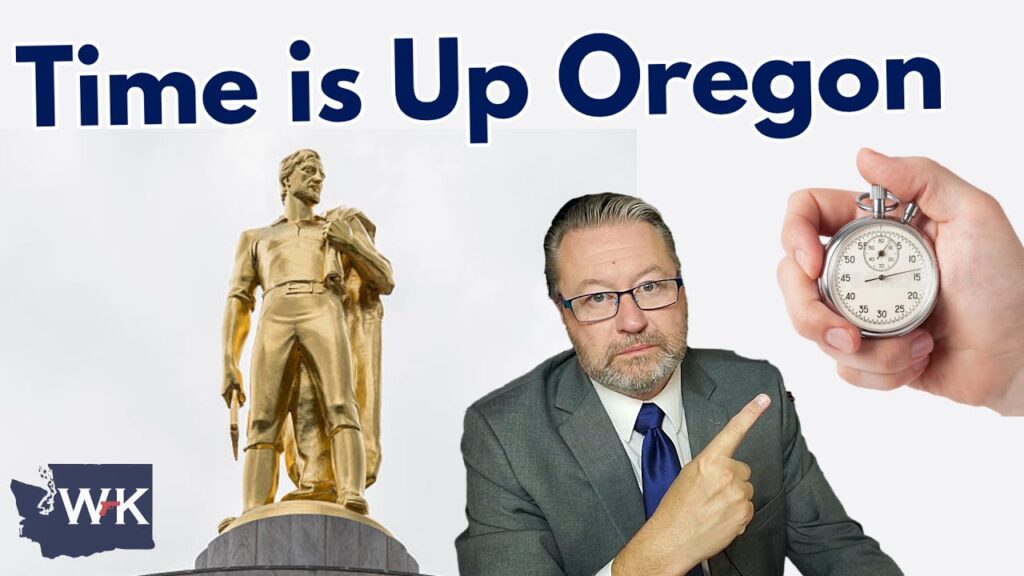 Man in a suit points at a stopwatch held by another hand, with a large golden statue in the background. "Time is Up Oregon" is written above. WK logo in the corner.