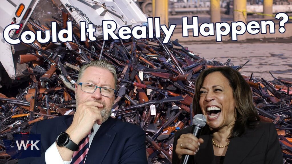 A man in a suit and glasses sits thoughtfully while a woman laughs with a microphone in hand. Behind them is a large pile of discarded guns. The text "Could It Really Happen?" is displayed at the top.