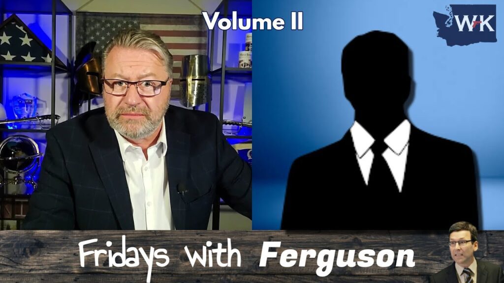 A man with glasses sits in a room with shelves of decorations, beside a blue graphic of a silhouette. The text reads "Volume II" at the top and "Fridays with Ferguson" at the bottom.