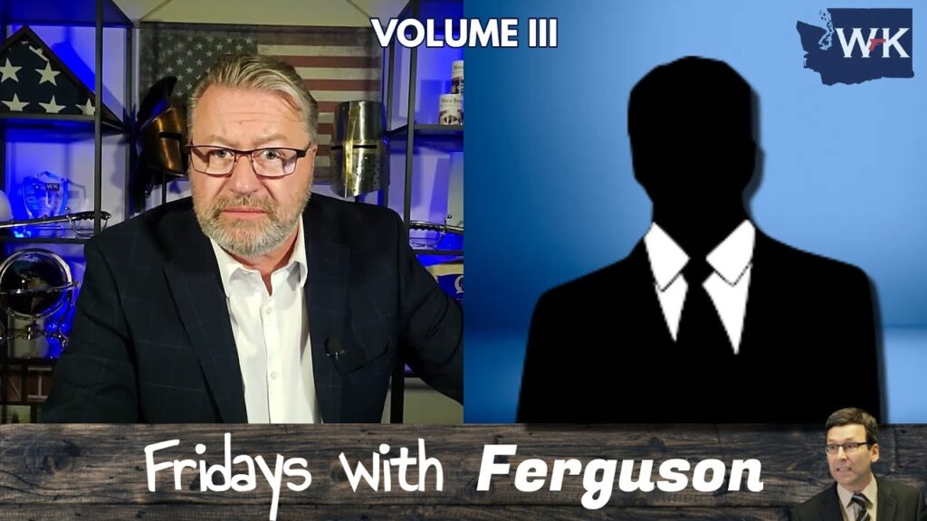 A person with glasses and a suit sits in a room with decorative elements. Text reads "Fridays with Ferguson" and "VOLUME III." The screen is split, showing a silhouette of a person in a suit on a blue background.
