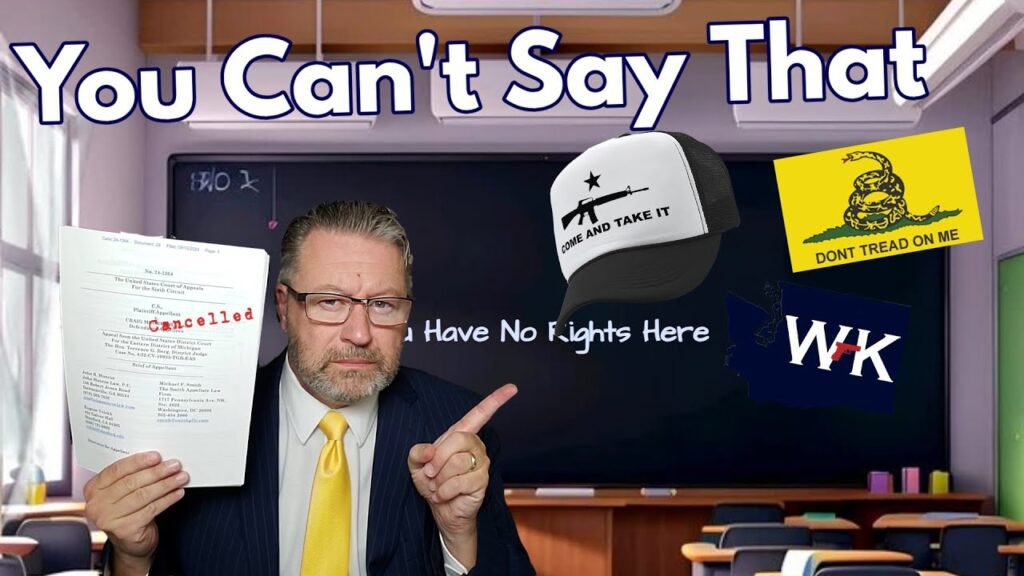 A man in a suit holds a document marked "Cancelled" in front of a classroom blackboard with the phrase "You Have No Rights Here." A white cap, a "Don't Tread on Me" flag, and a WHK logo are displayed around him. Text reads, "You Can't Say That.