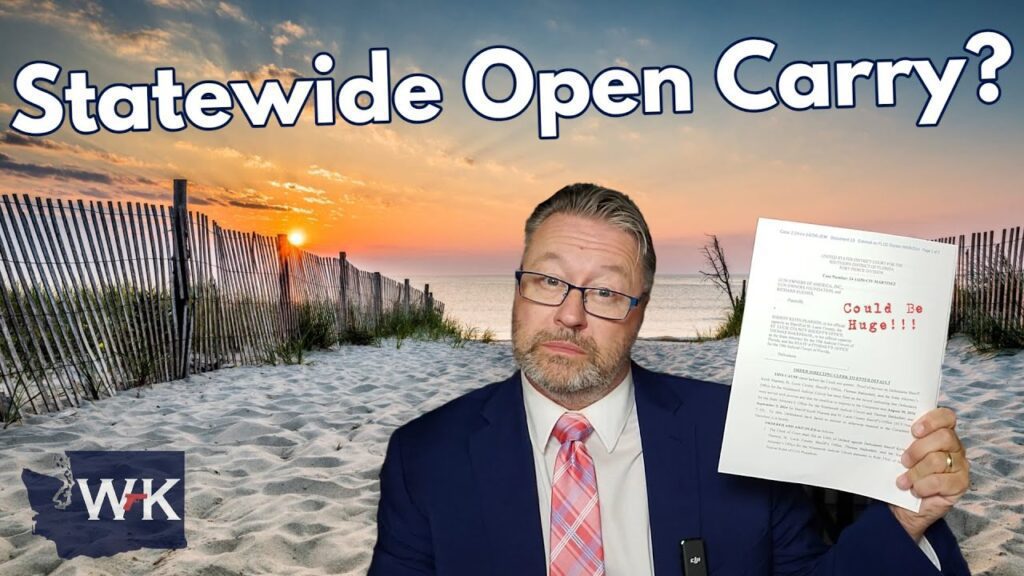 A man in a suit and tie holds up a document with the text "Could Be Huge!!!" at a beach. The sky is partly cloudy, and there's a wooden fence along the sandy beach. The image has the text "Statewide Open Carry?" at the top.