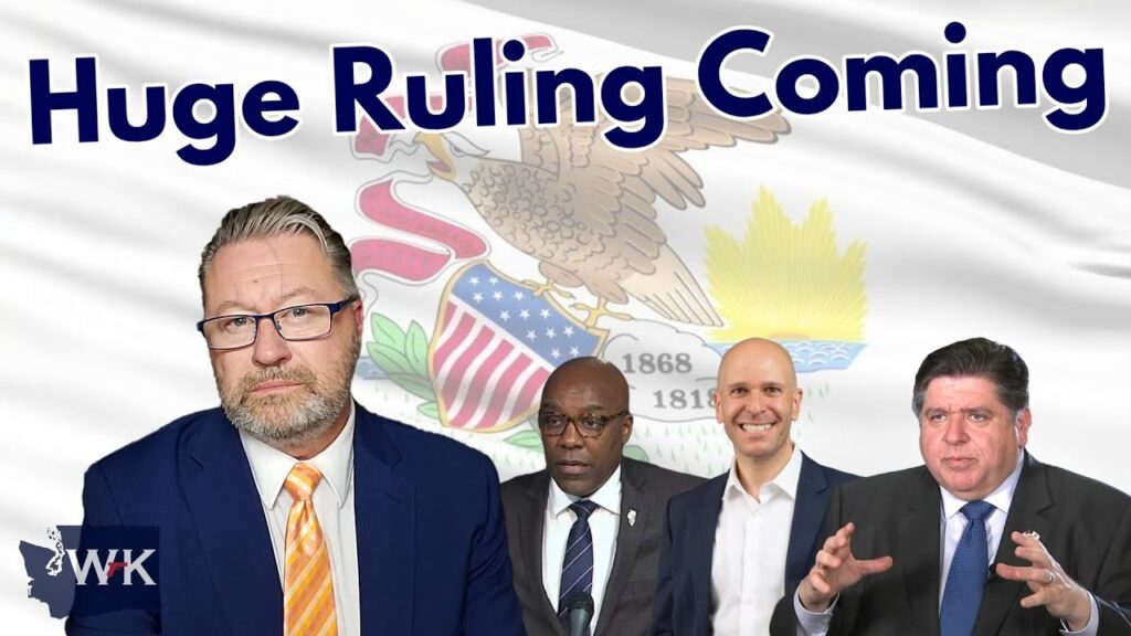 A group of four men in suits stand in front of an Illinois state flag background. The text "Huge Ruling Coming" is displayed at the top.