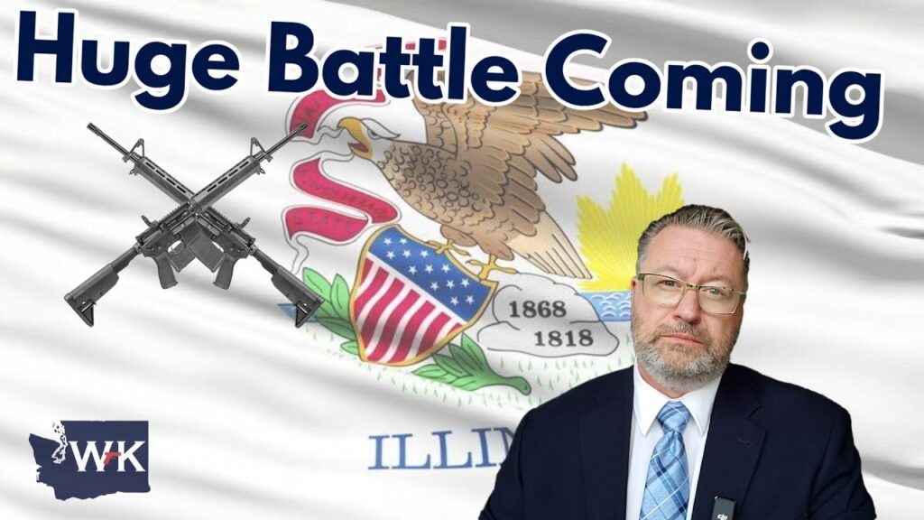 Image of a man in a suit against the Illinois state flag backdrop, featuring an eagle and state symbols. Text at the top reads "Huge Battle Coming," with an overlay of two crossed rifles and a logo in the bottom left corner.