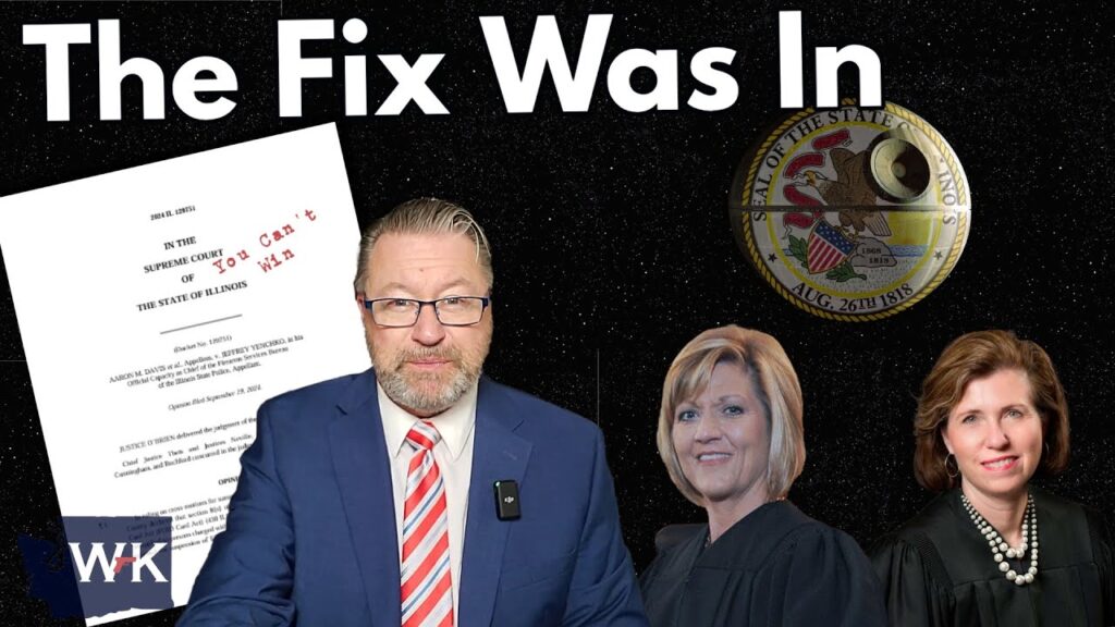 A man in a suit stands beside two women in judge robes, with an overlay of a legal document labeled "You Can't Win" and a seal of Illinois. The text "The Fix Was In" is prominently displayed at the top.