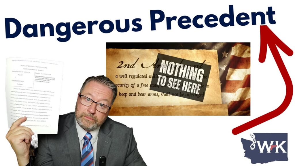 A person in a suit holds a document against a backdrop of the Second Amendment text. The image includes the phrases "Dangerous Precedent" and "Nothing to See Here" with an arrow pointing right. There's a logo in the corner with the letters "WK.
