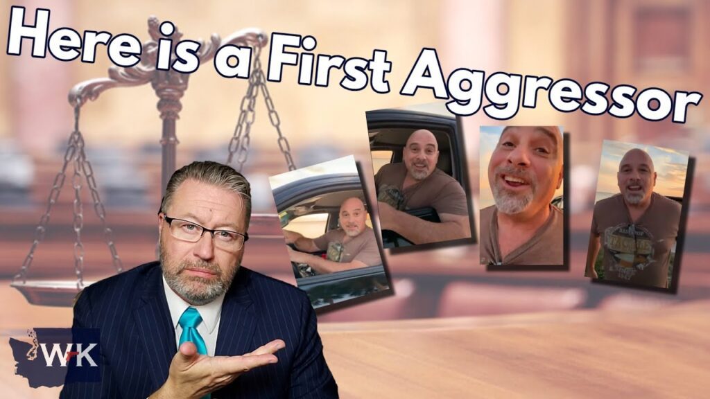 A man in a suit gestures with one hand, standing next to four images of another man in a vehicle, seemingly engaged in conversation. In the background is a blurred image of scales. The text reads, "Here is a First Aggressor.