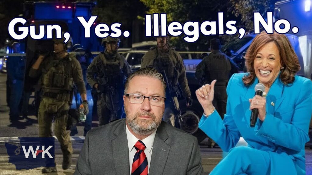 A man in a suit and a woman speaking animatedly on stage are in the foreground. The background shows law enforcement officers in tactical gear near police vehicles. Text reads "Gun, Yes. Illegals, No.