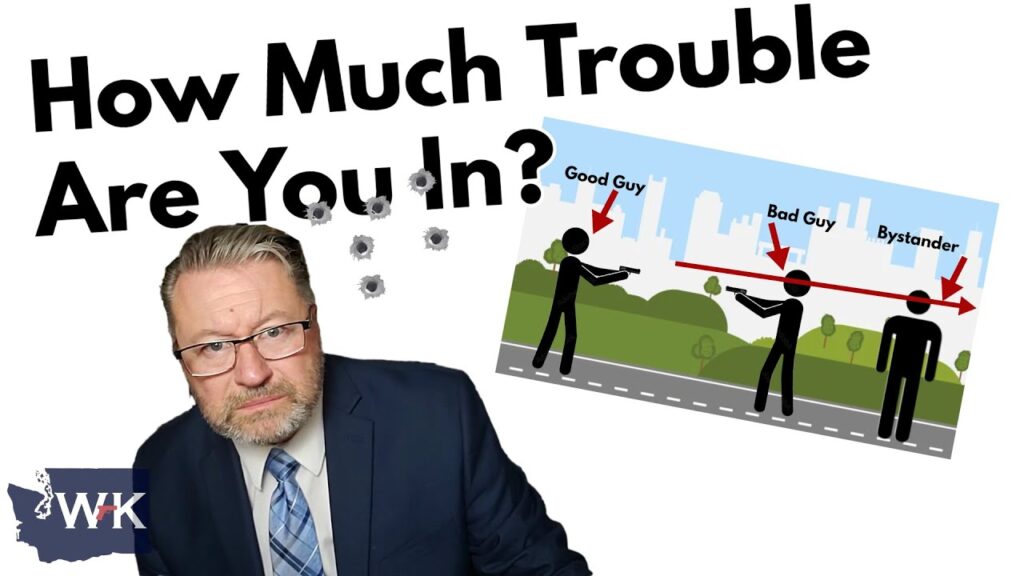 A man in a suit with glasses is in front of an illustration showing a "Good Guy" aiming at a "Bad Guy" and missing, hitting a "Bystander" instead. Bullet holes and the text "How Much Trouble Are You In?" are also present.