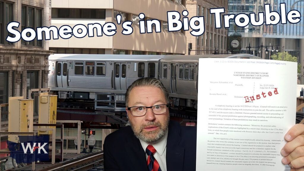 A man in a suit holds a document labeled "Busted" in front of an image of an elevated train. The text at the top reads, "Someone's in Big Trouble." The image is set in an urban environment with tall buildings.