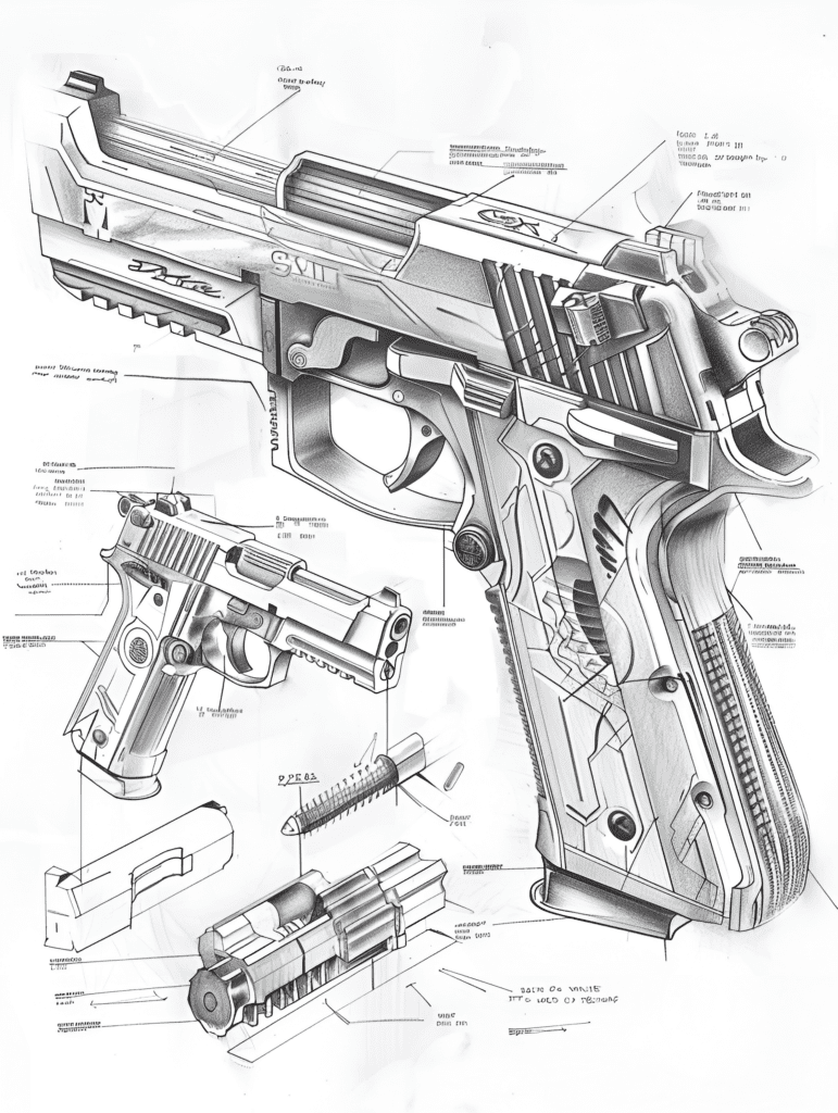 A detailed schematic drawing of a futuristic handgun, showcasing various components with annotations. The design features intricate mechanical parts and sleek lines, highlighting a blend of advanced technology and artistry.