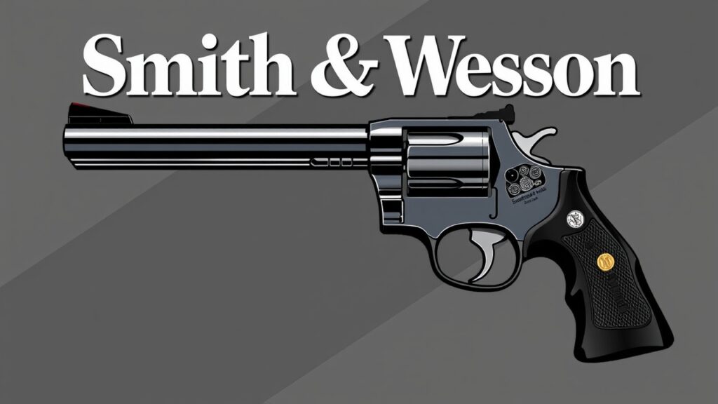 Illustration of a Smith & Wesson revolver with an elongated barrel. The background is gray, and the brand name "Smith & Wesson" is prominently displayed in white at the top.