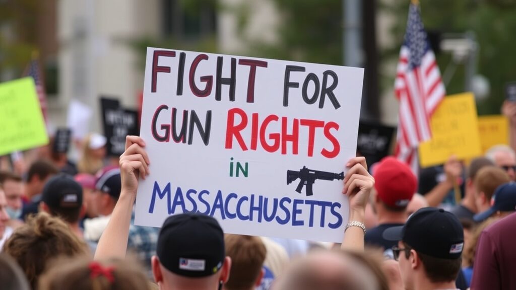 A crowd at a protest holds a sign reading "Fight for Gun Rights in Massachusetts" with an image of a rifle on it. People in the background carry signs and American flags.