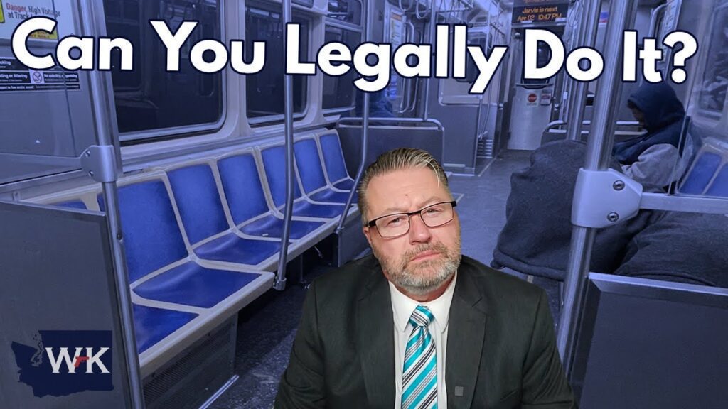 A man in a suit and glasses is seen in the foreground with a serious expression. Behind him is an empty subway car with blue seats. The text "Can You Legally Do It?" is displayed at the top of the image.