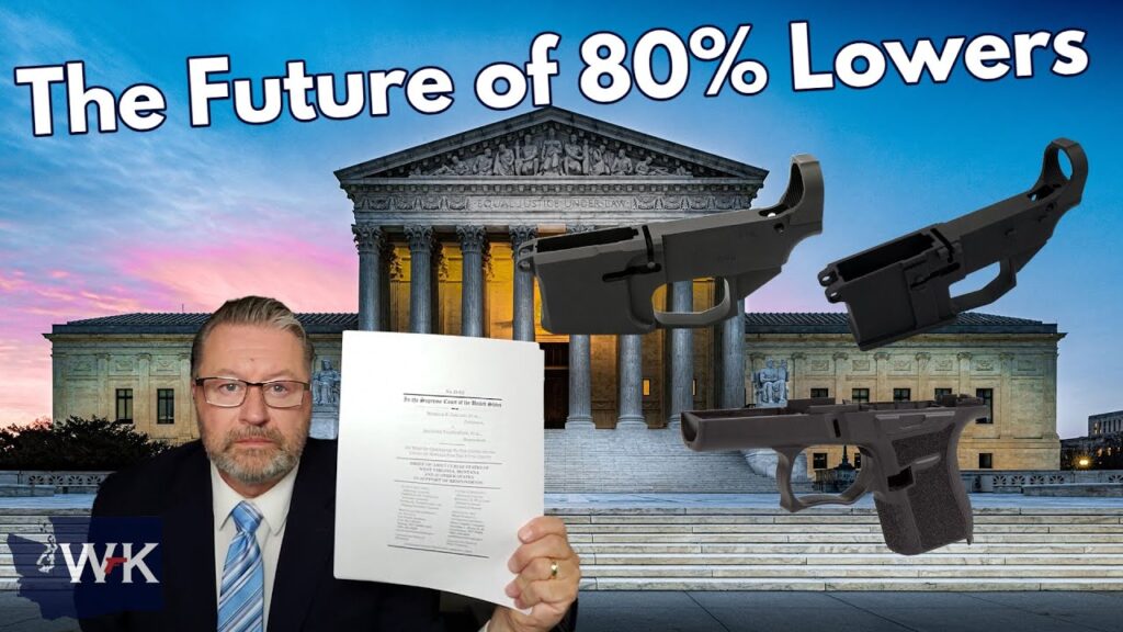 A person holds a legal document in front of a courthouse backdrop. The text reads "The Future of 80% Lowers" with images of firearm parts above. The setting suggests a legal or judicial discussion regarding firearm regulations.