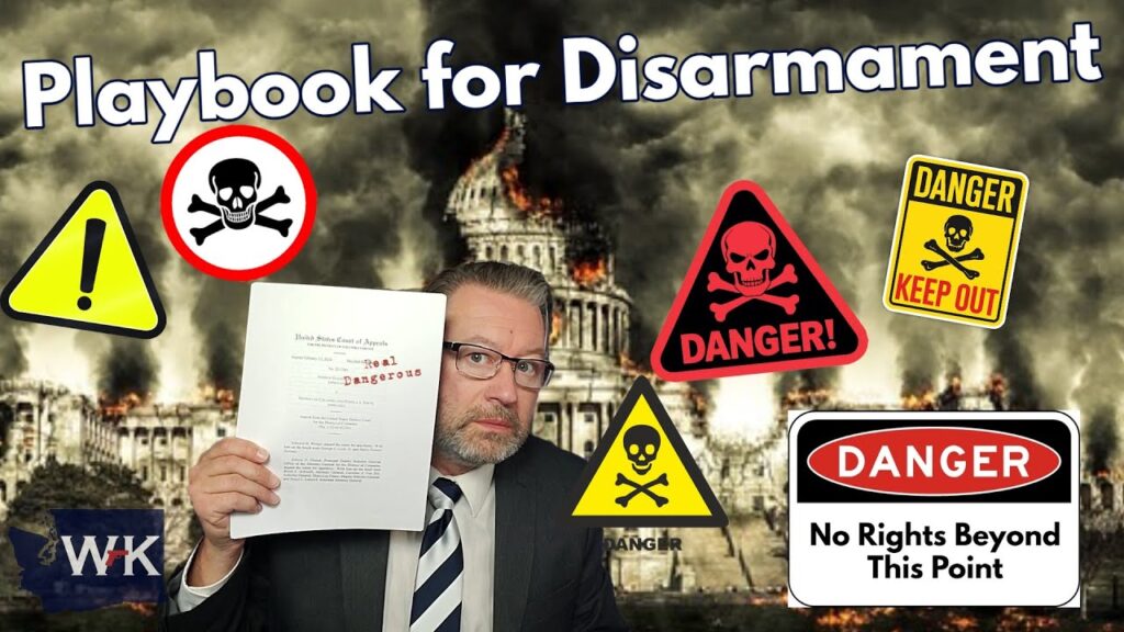 A man in a suit holds a document labeled "Real Dangers" in front of a burning Capitol building. Surrounding him are various warning signs with exclamation marks and skulls, with text like "Danger" and "No Rights Beyond This Point.