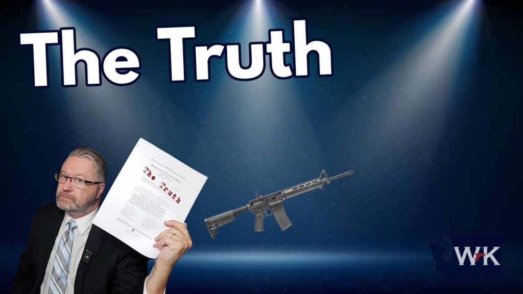 A man in a suit holds a document titled "The Truth" in one hand. A rifle is floating next to him. The background is dark with spotlights illuminating the scene. "The Truth" is written in large letters at the top left.