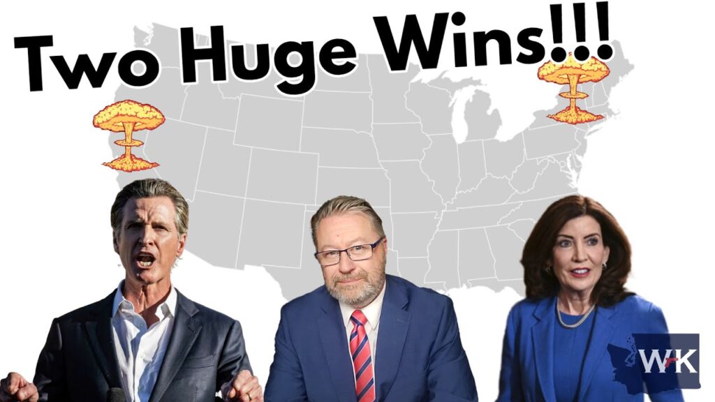 Three people are in front of a map of the United States. The text "Two Huge Wins!!!" is above, with explosion icons near California and New York.