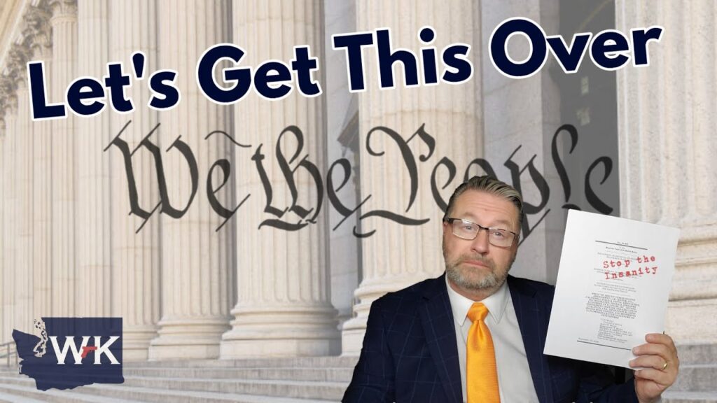 A man in a suit and yellow tie holds a document with the title "Stop the Insanity" in front of a building with columns. The text "Let's Get This Over" is displayed above, with "We the People" in the background. A logo with "WK" is in the corner.