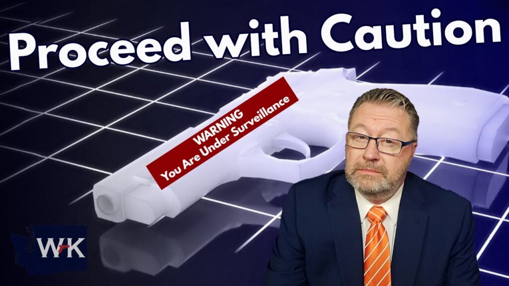 A man in a suit and orange tie is seated in front of a grid background with an outlined gun and text saying "Proceed with Caution" and "Warning: You Are Under Surveillance." A logo with "WK" is in the corner.