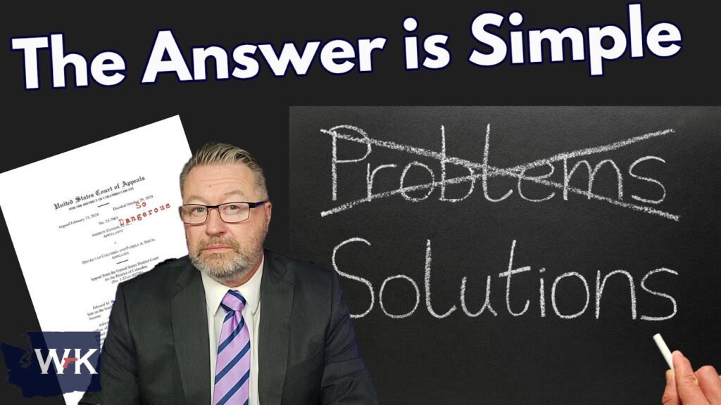 A man in a suit sits next to a chalkboard with "Problems" crossed out and "Solutions" written underneath. A document labeled "White House Court of Appeals" is on the side. The text above reads, "The Answer is Simple.
