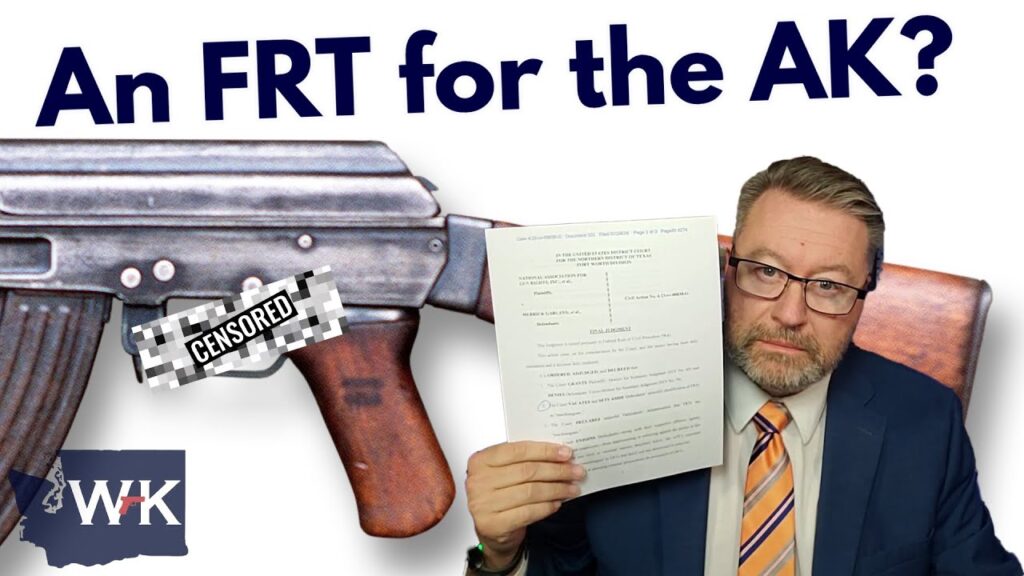A man in a suit holds up a document with a censored section. Behind him is a large image of a rifle. The text reads: "An FRT for the AK?" A logo with "WH" and a map outline is in the bottom left corner.