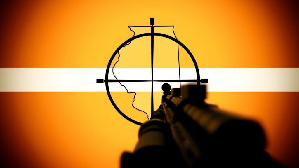 A black rifle scope aims at a target on a bright orange background with a white horizontal stripe. The crosshairs intersect dramatically, and the outline of a landform, possibly a map, is visible within the scope.