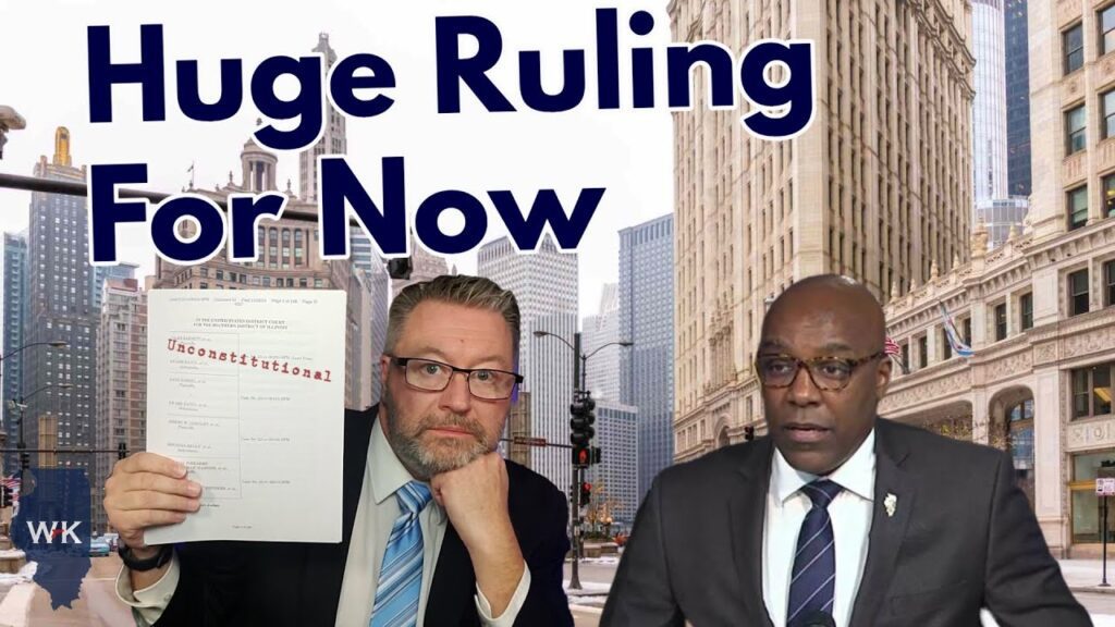 Two men appear in front of a city backdrop. One holds a document labeled "Unconstitutional". The text above reads "Huge Ruling For Now". Both men are wearing suits.