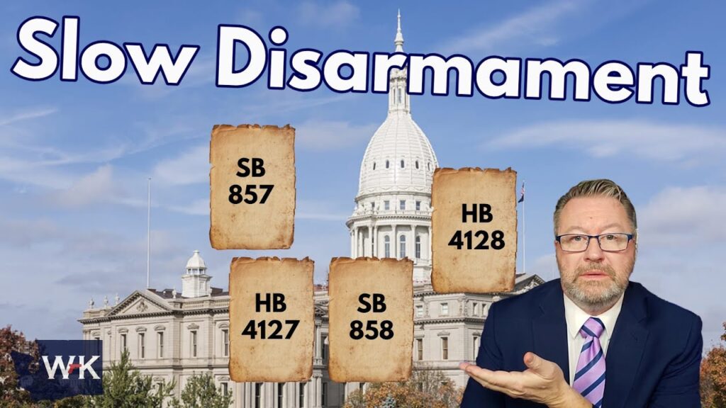 A man in a suit gestures towards four parchment-like papers labeled SB 857, HB 4128, HB 4127, and SB 858. The text "Slow Disarmament" is at the top. In the background is a domed governmental building.