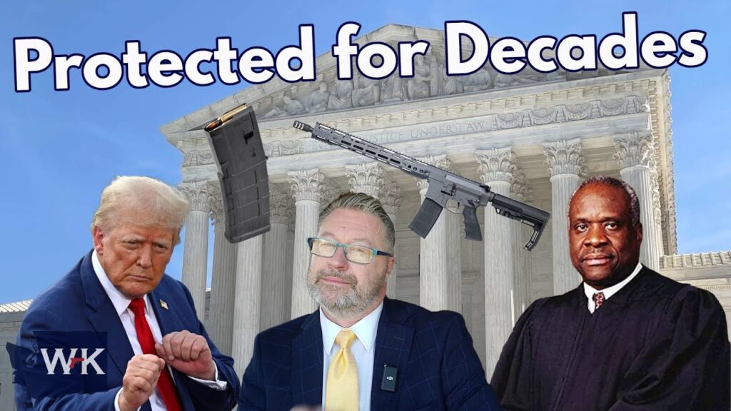 Collage featuring a person in a suit gesturing, another in a judicial robe, and a person with blonde hair, in front of a building resembling the U.S. Supreme Court. A rifle and magazine float above with the text "Protected for Decades.