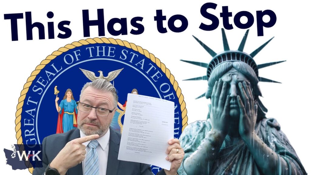 A man points at a document he is holding, while standing in front of the Great Seal of the State of Oregon. Next to him is a distressed-looking Statue of Liberty with its face covered by its hands. Text above reads, "This Has to Stop.