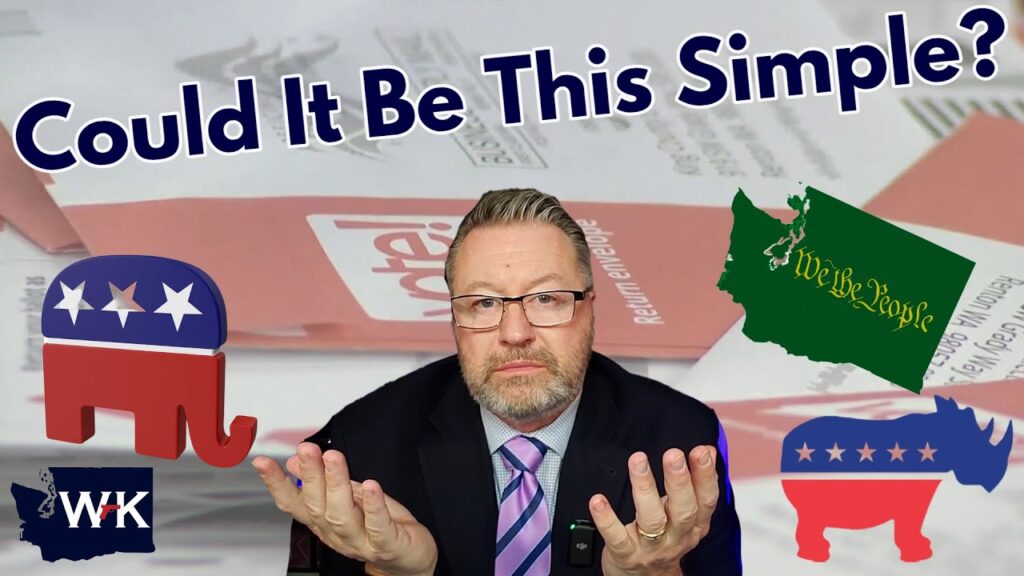 A man in a suit and tie gestures with his hands, surrounded by symbols of political parties: an elephant and a donkey. The background shows election-related materials. Text reads, "Could It Be This Simple?" A white rectangle with "WK" is at the bottom.