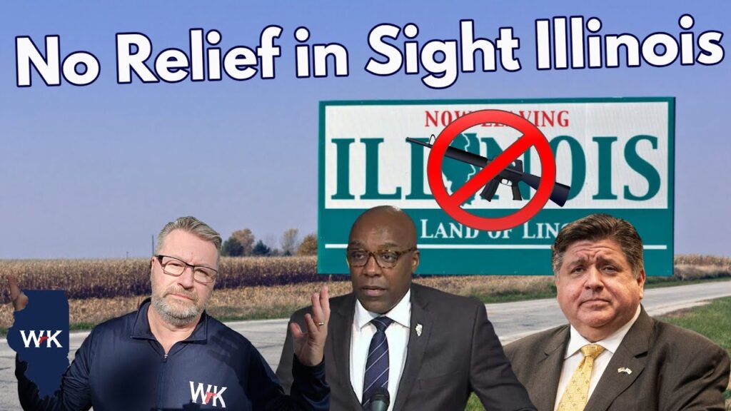 A man gestures beside another speaking at a podium, with a no-gun sign over the state name "Illinois" in the background. The text above reads "No Relief in Sight Illinois.