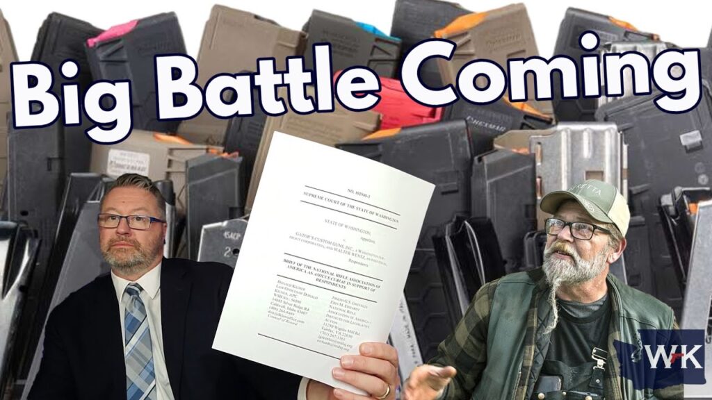 Composite image with the text "Big Battle Coming" over a pile of ammunition magazines. A man in a suit holds a document, and another man in outdoor attire and a cap looks towards him.