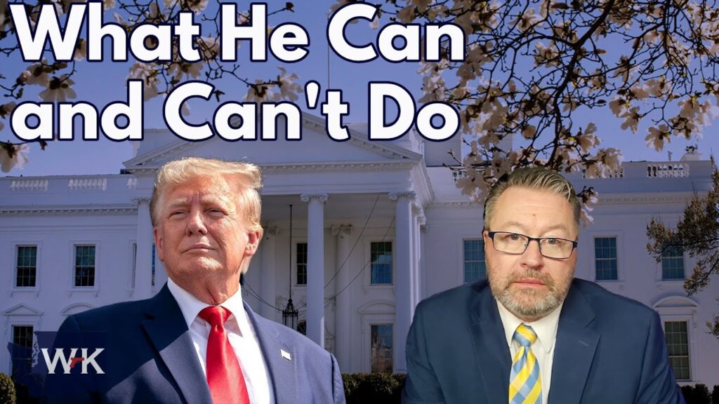 A man in a suit and yellow striped tie appears alongside a digitally inserted image of another man in front of the White House. The text reads, "What He Can and Can't Do." There are blooming tree branches in the background.